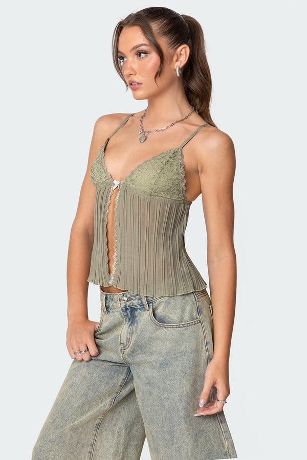 Edikted Pleated Lacey Split Front Tank Top Olive