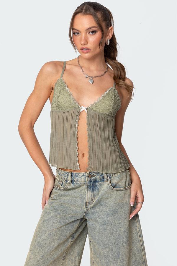 edikted Pleated Lacey Split Front Tank Top olive