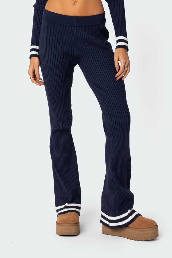 Edikted Pluto Ribbed Flared Pants Navy