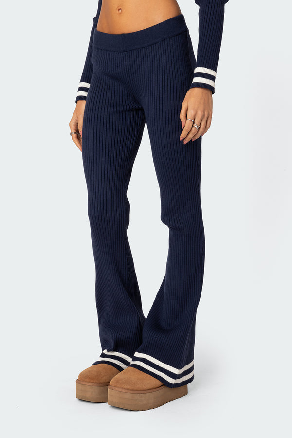Edikted Pluto Ribbed Flared Pants Navy