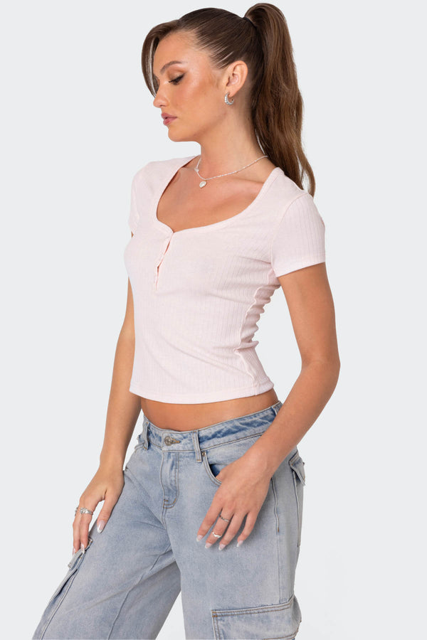 Edikted Pointelle Henley T Shirt Light Pink