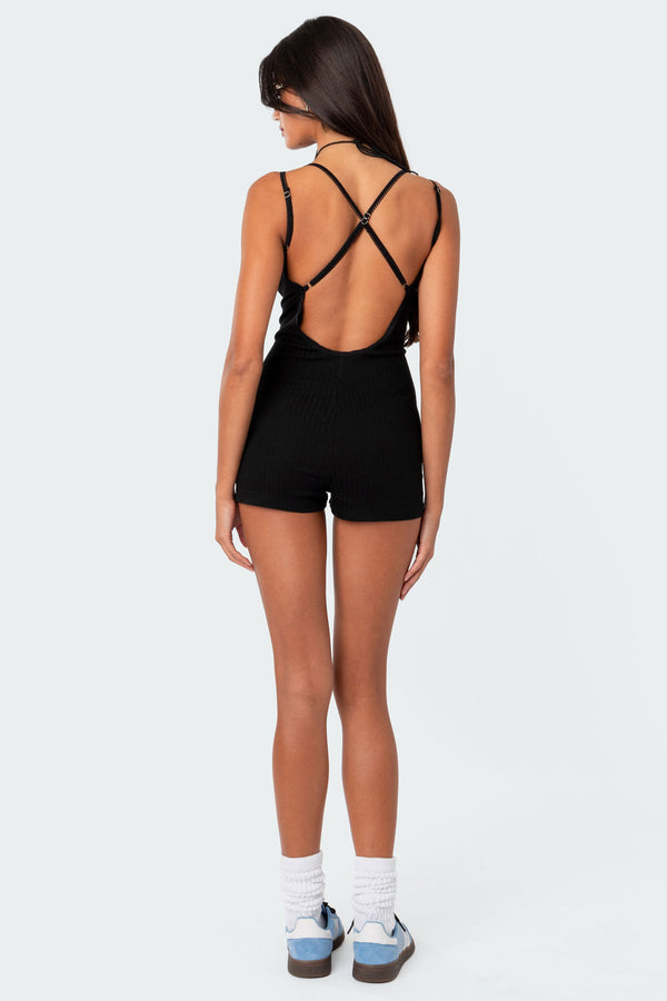 Edikted Pointelle Strappy Open Back Romper Black