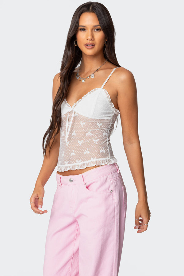 Edikted Polka Dot & Bow Sheer Tank Top White