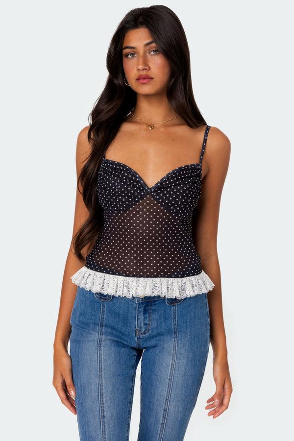 edikted Polka Dot Cupped Mesh Top black