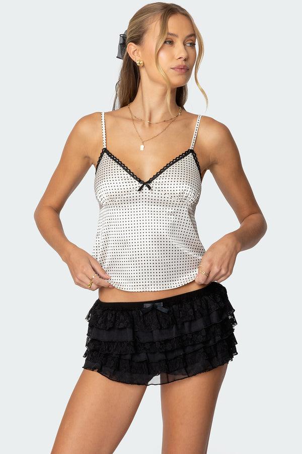 edikted Polka Dot Satin Effect Lace Trim Top cream