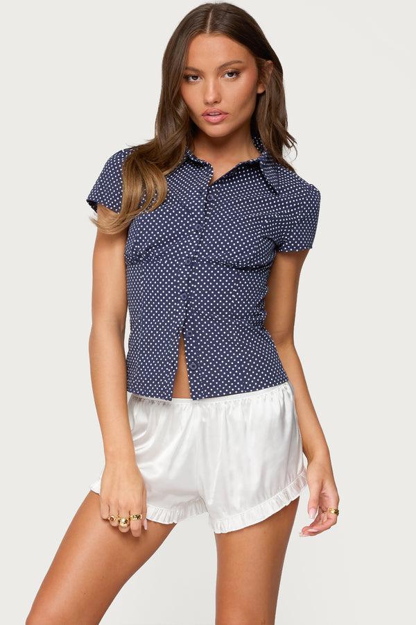 edikted Polka Dot Tailored Button Up Shirt navy
