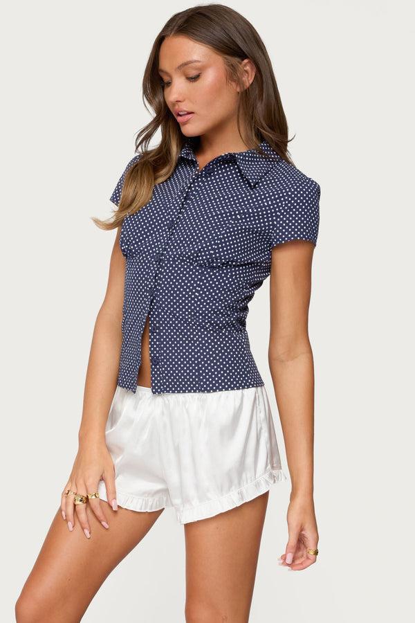 Edikted Polka Dot Tailored Button Up Shirt Navy