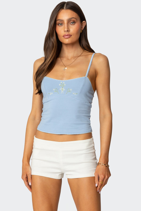 edikted Prairie Embroidered Tank Top light blue