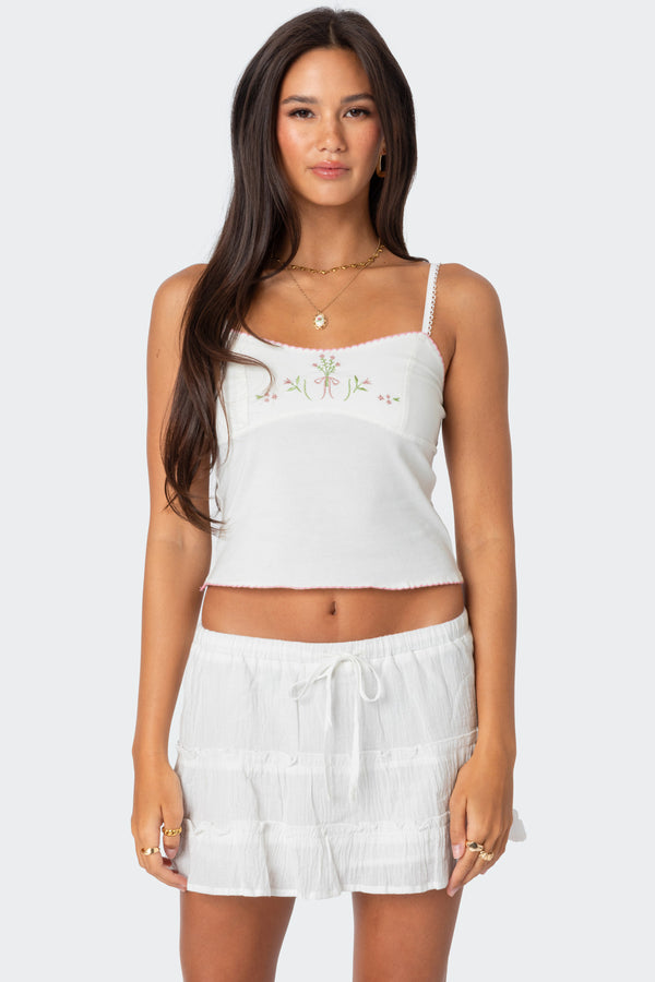 edikted Prairie Embroidered Tank Top white