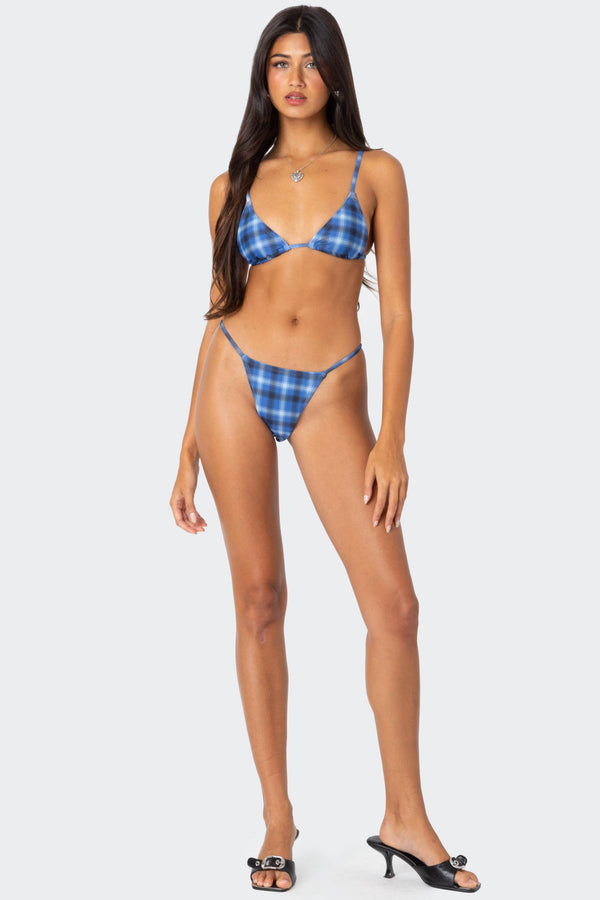 Edikted Preppy Plaid String Bikini Bottom Blue