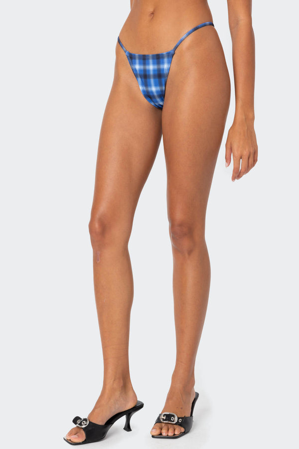 Edikted Preppy Plaid String Bikini Bottom Blue