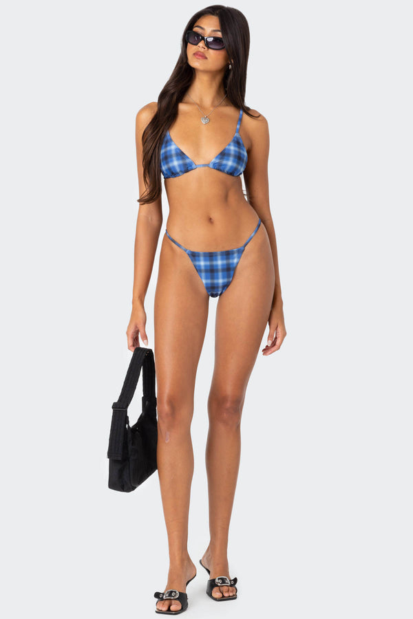 edikted Preppy Plaid String Bikini Bottom blue