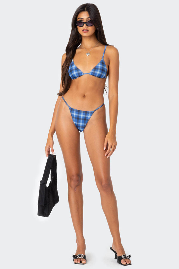 Edikted Preppy Plaid Triangle Bikini Top Blue