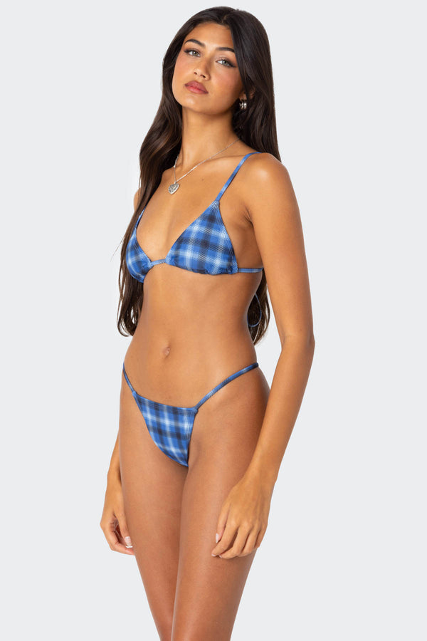 Edikted Preppy Plaid Triangle Bikini Top Blue