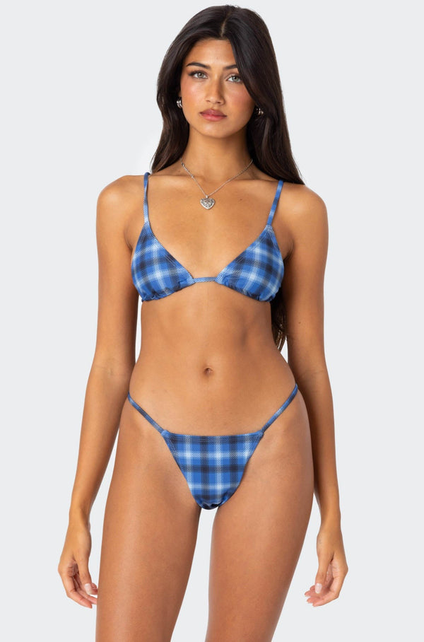edikted Preppy Plaid Triangle Bikini Top blue
