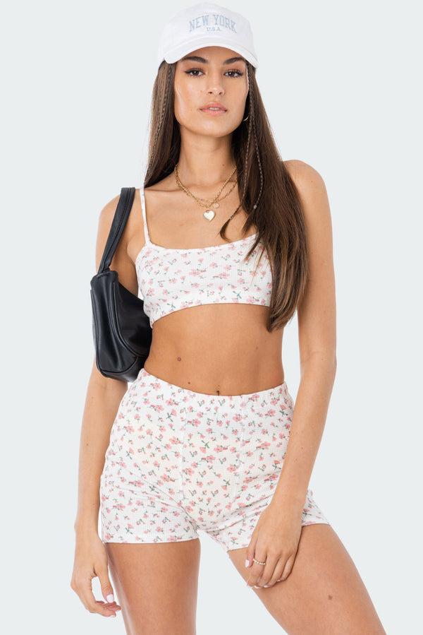 edikted Primrose Waffle Crop Top cream