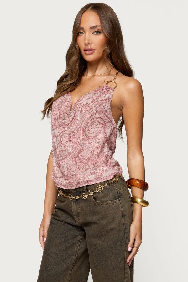 Edikted Printed Halter Chain Cowl Neck Top Pink
