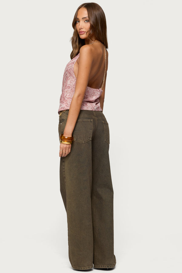 Edikted Printed Halter Chain Cowl Neck Top Pink