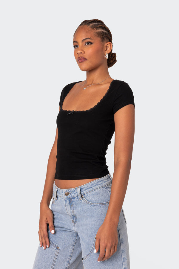 Edikted Priscilla Lace Trim T Shirt Black