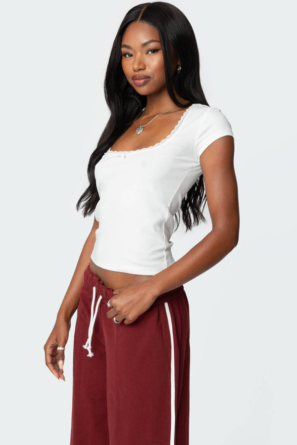 Edikted Priscilla Lace Trim T Shirt White