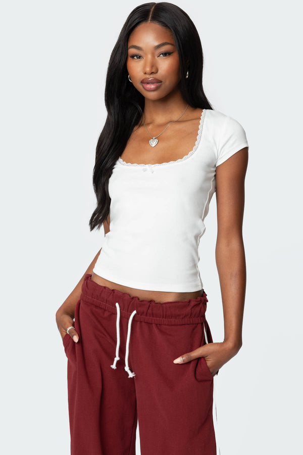 edikted Priscilla Lace Trim T Shirt white