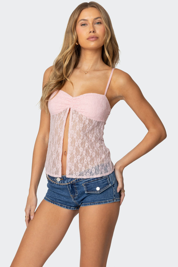 Edikted Priya Sheer Lace Split Front Top Pink