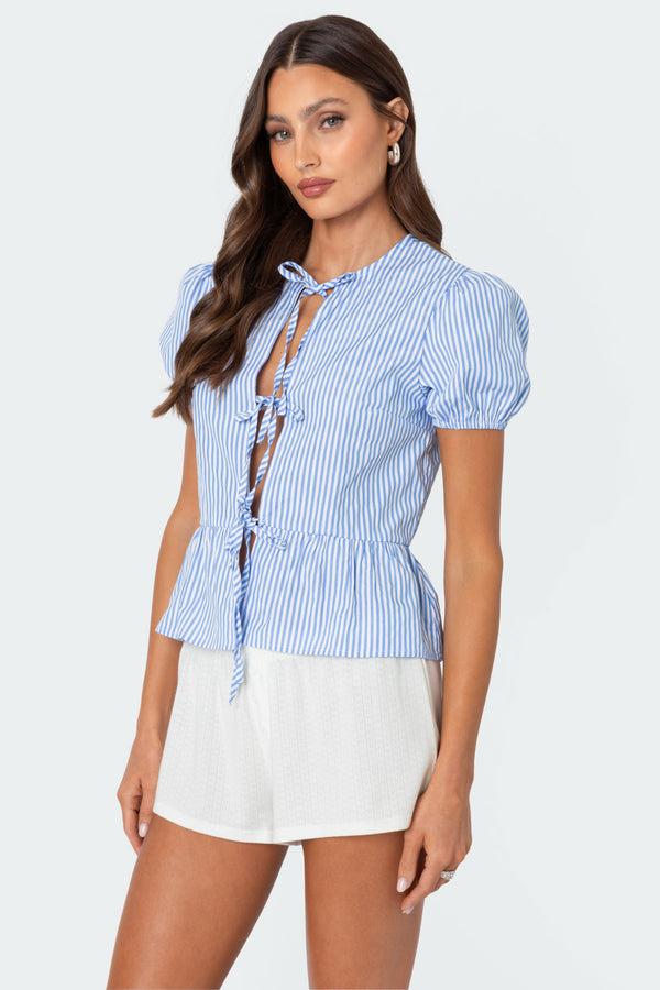 Edikted Puffed Sleeve Tie Front Top Blue And White