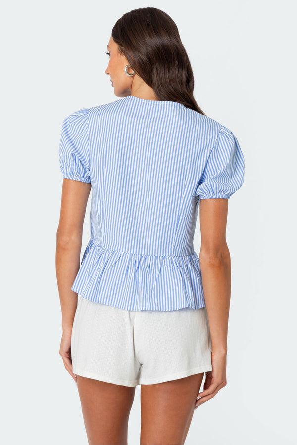Edikted Puffed Sleeve Tie Front Top Blue And White