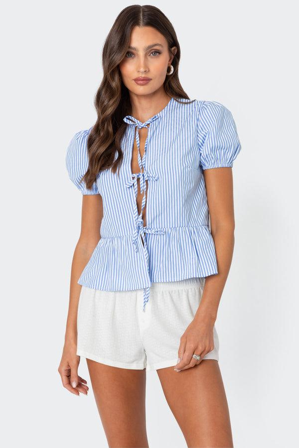 edikted Puffed Sleeve Tie Front Top blue and white