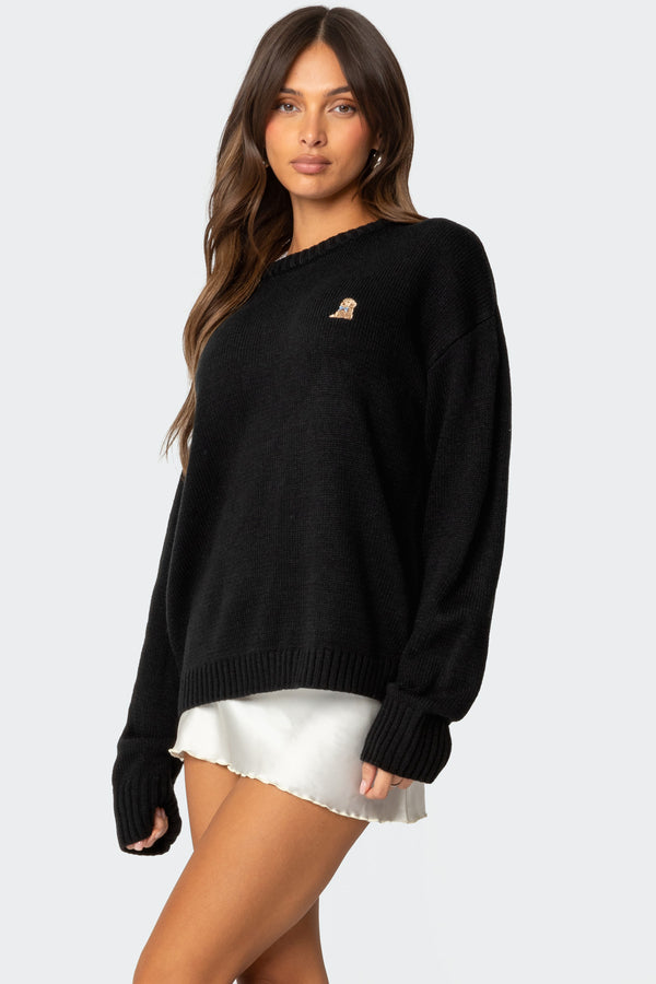 Edikted Puppy Love Embroidered Sweater Black