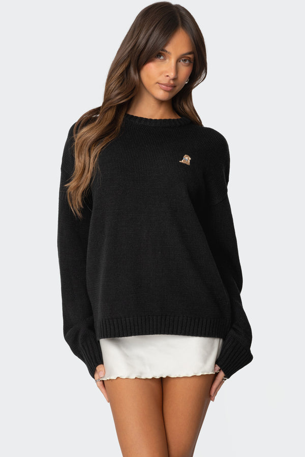 edikted Puppy Love Embroidered Sweater black