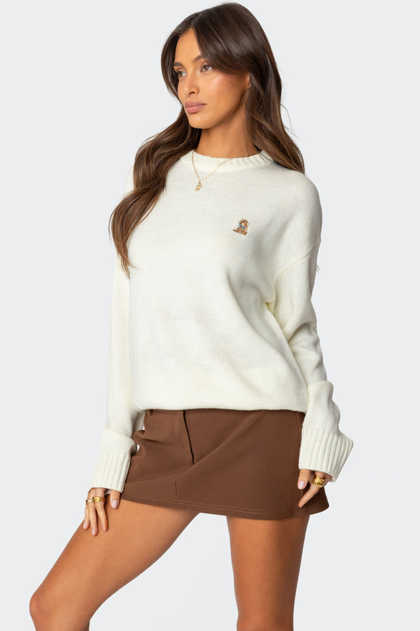 Edikted Puppy Love Embroidered Sweater White