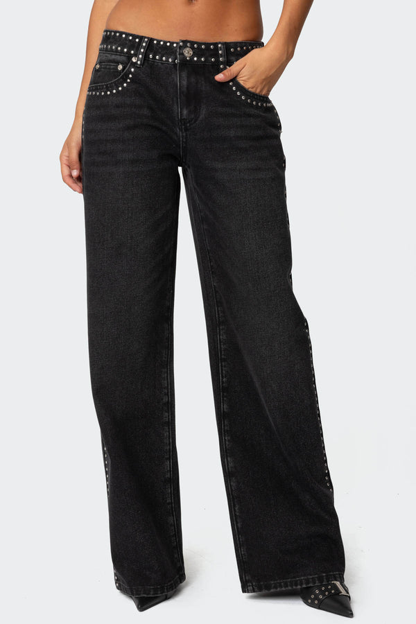 Edikted Quincy Studded Low Rise Jeans Black Washed