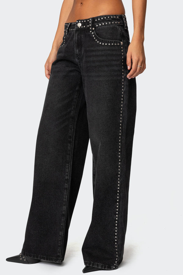 Edikted Quincy Studded Low Rise Jeans Black Washed