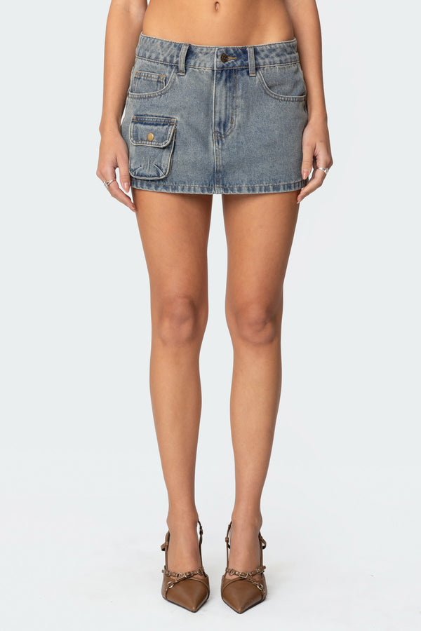 Edikted Quinlan Denim Cargo Mini Skirt Blue