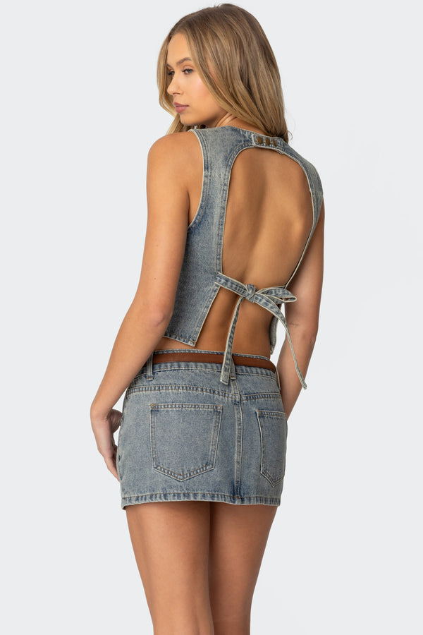 Edikted Quinlan Open Back Denim Top Blue