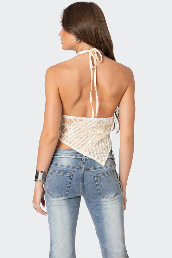 Edikted Quinta Lacey Asymmetric Halter Top Cream