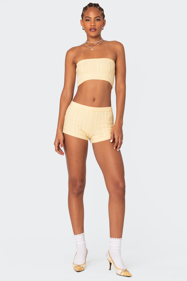 edikted Raegan Cable Knit Shorts yellow