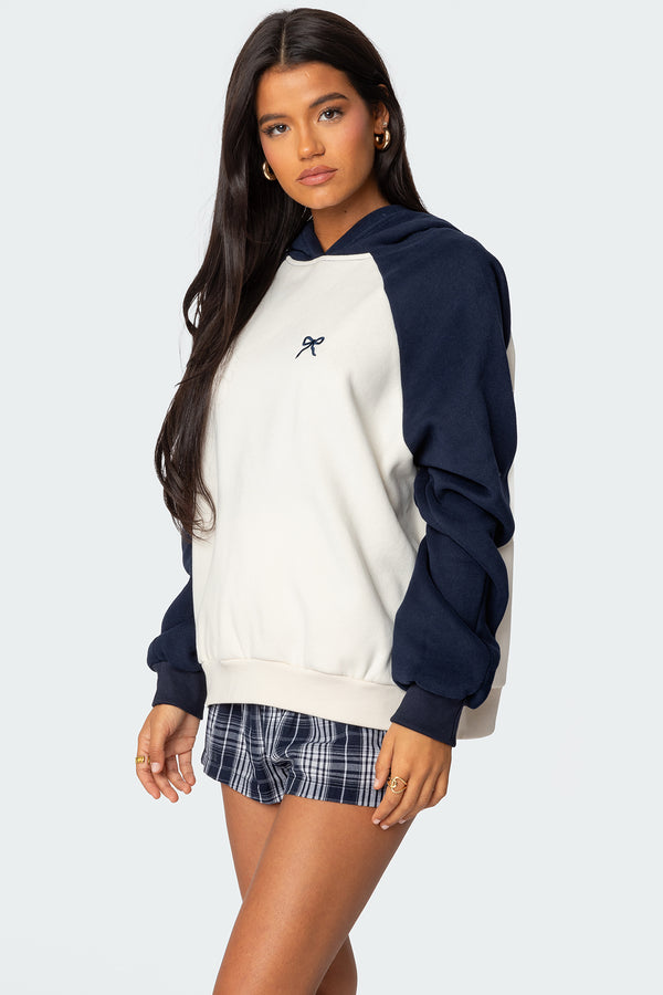 Edikted Raglan Bow Oversized Hoodie Navy And Cream