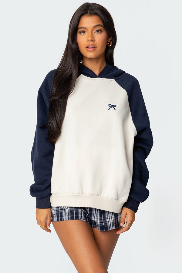 edikted Raglan Bow Oversized Hoodie navy and cream