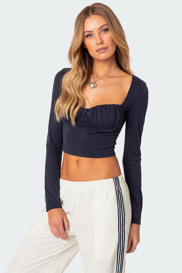 edikted Rain Cupped Long Sleeve Top navy