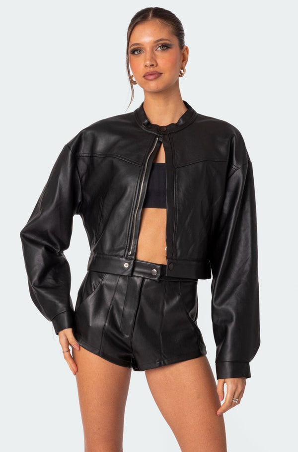 edikted Ramona Faux Leather Cropped Jacket black