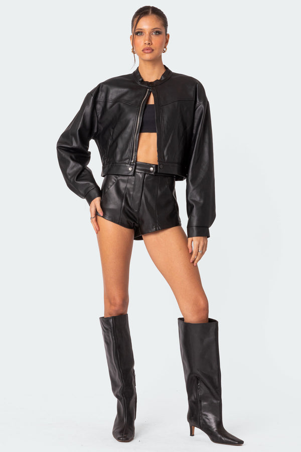 Edikted Ramona Faux Leather Cropped Jacket Black