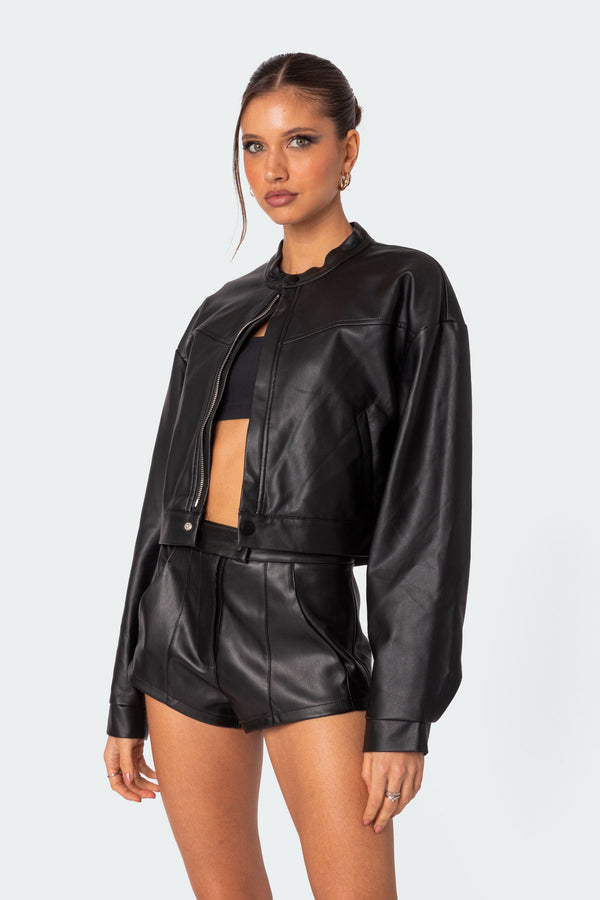 Edikted Ramona Faux Leather Cropped Jacket Black