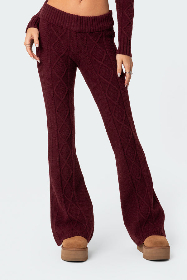 Edikted Ray Cable Knit Flared Pants Burgundy