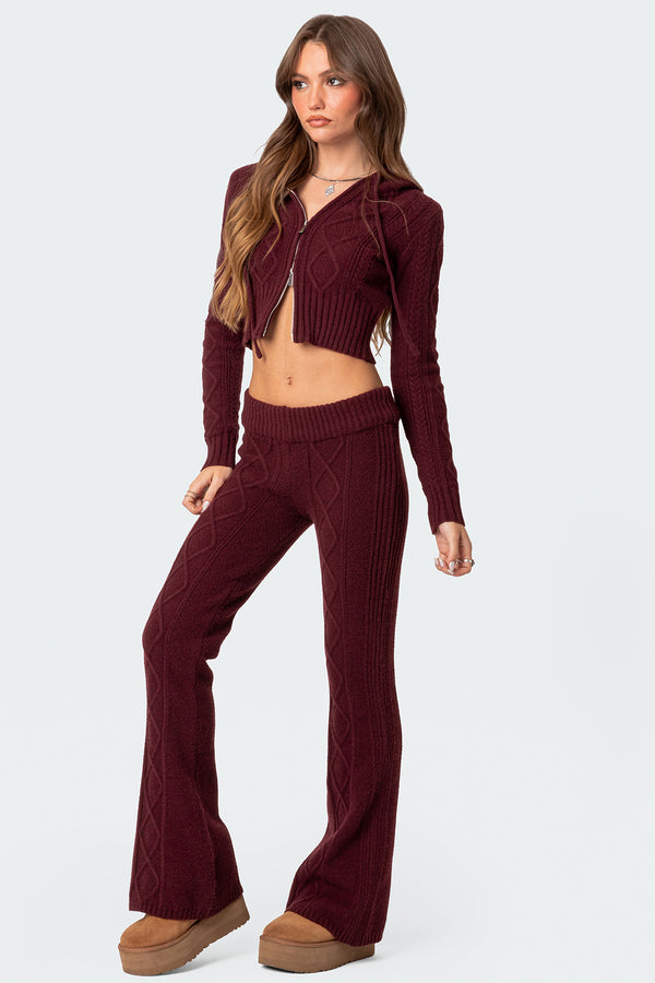Edikted Ray Cable Knit Flared Pants Burgundy