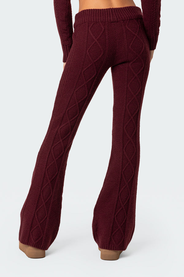 Edikted Ray Cable Knit Flared Pants Burgundy