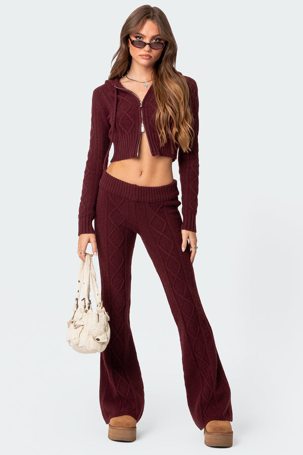 edikted Ray Cable Knit Flared Pants burgundy