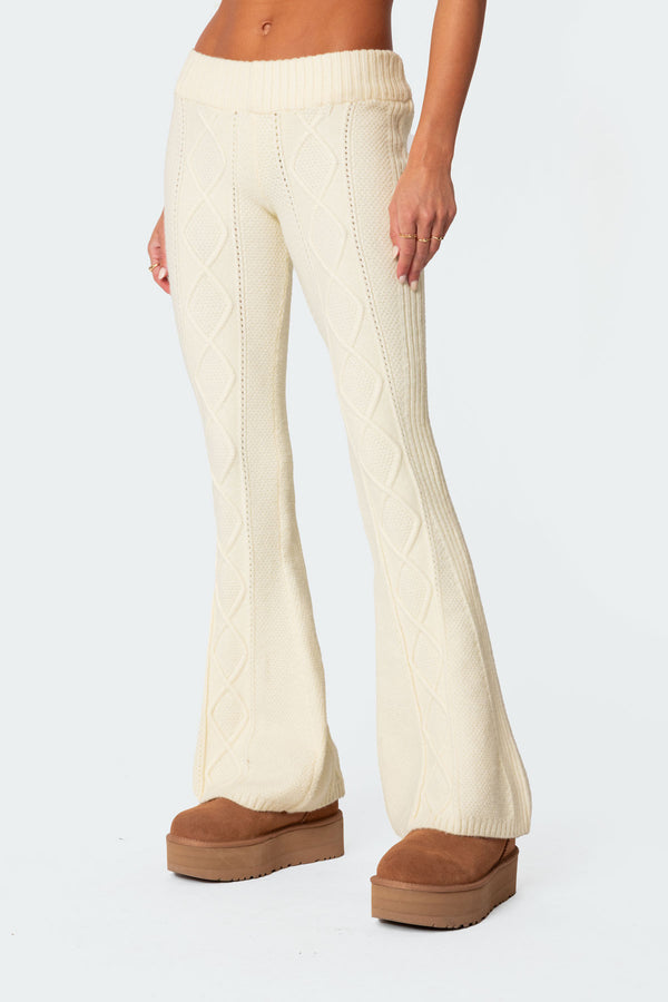 Edikted Ray Cable Knit Flared Pants Cream