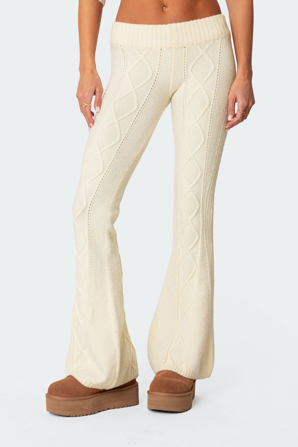 Edikted Ray Cable Knit Flared Pants Cream